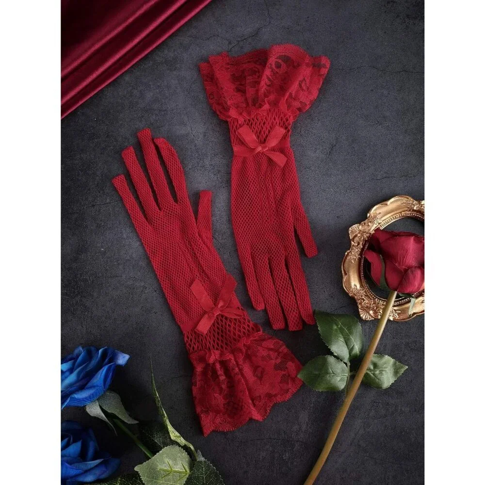 Women's Elegant Wine Red Short Bow Style Lace Gloves Dinner Wedding Party Prom